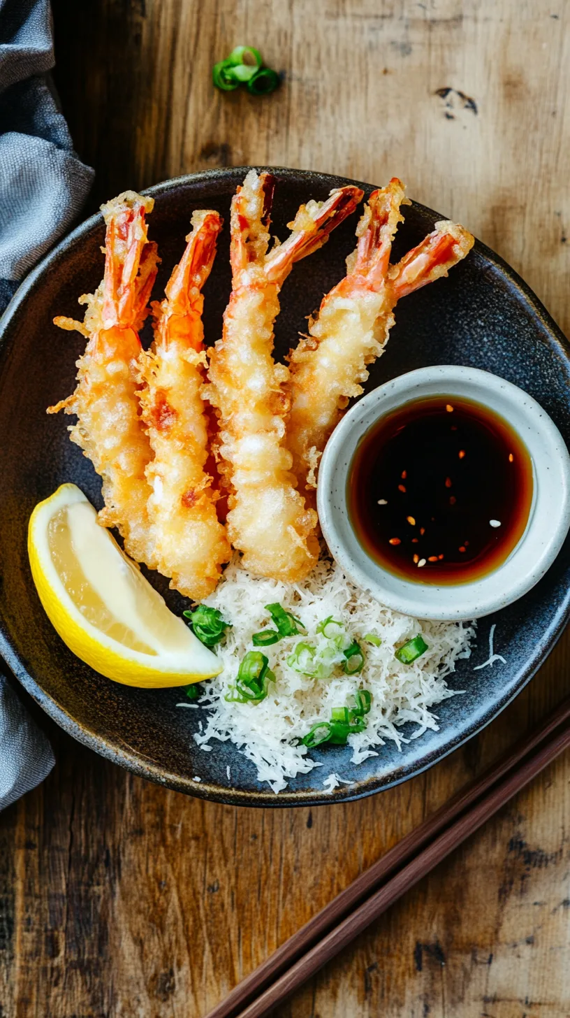 Plate of tempura shrimp and vegetables with tentsuyu dipping sauce