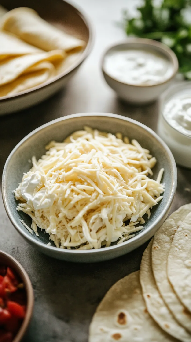a bowl of shredded chicken and Monterey Jack cheese