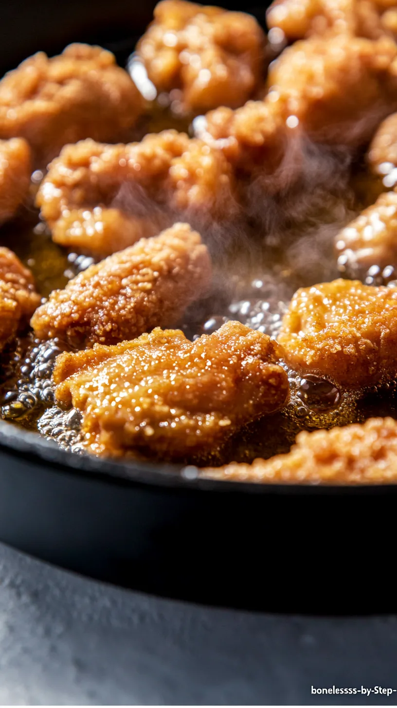boneless chicken pieces being fried to golden perfection