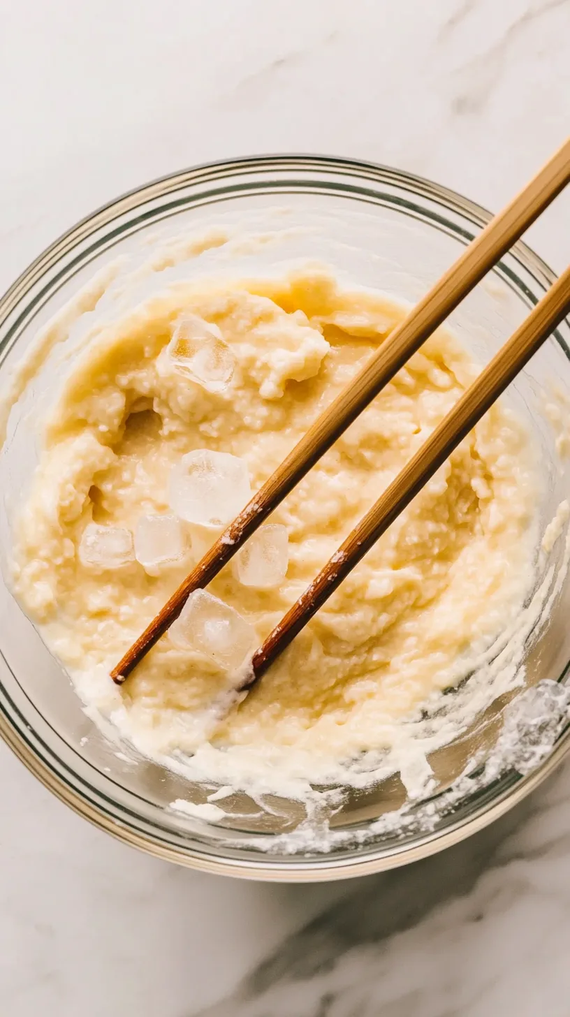 close-up view of tempura batter in a clear glass bowl