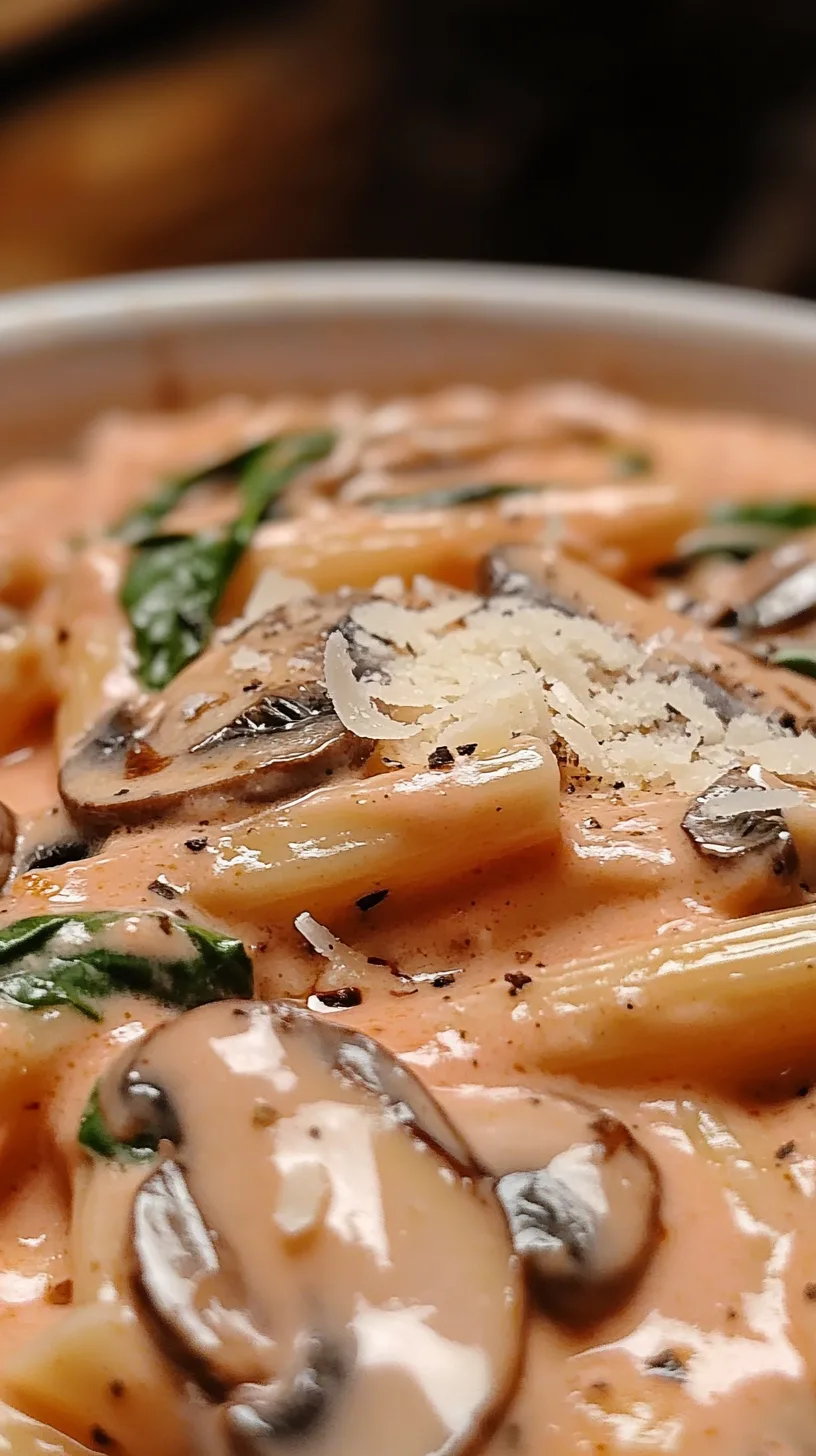 creamy texture of the pink tomato sauce clinging to penne pasta