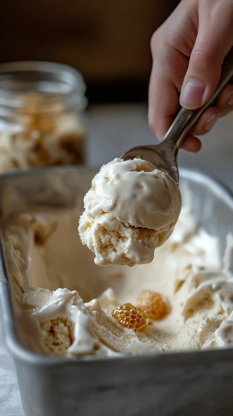 hand scooping a generous portion of chamomile honey ice cream from a metal ice cream container.