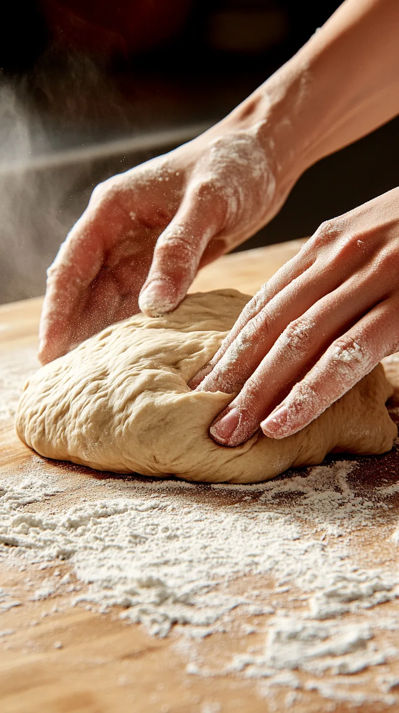 kneading pizza dough on a lightly floured wooden surface