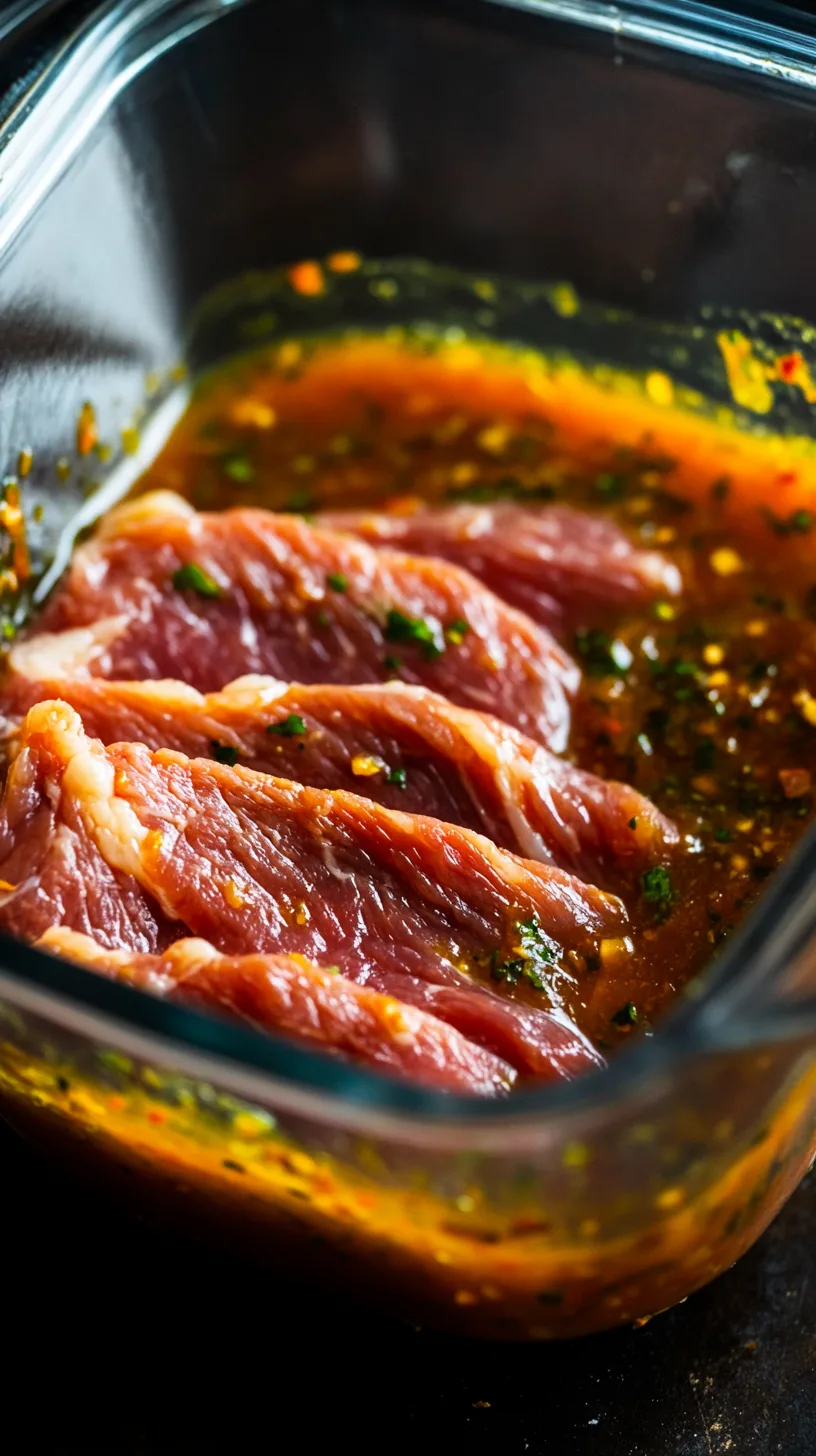 skirt steak submerged in a vibrant orange-green carne asada marinade