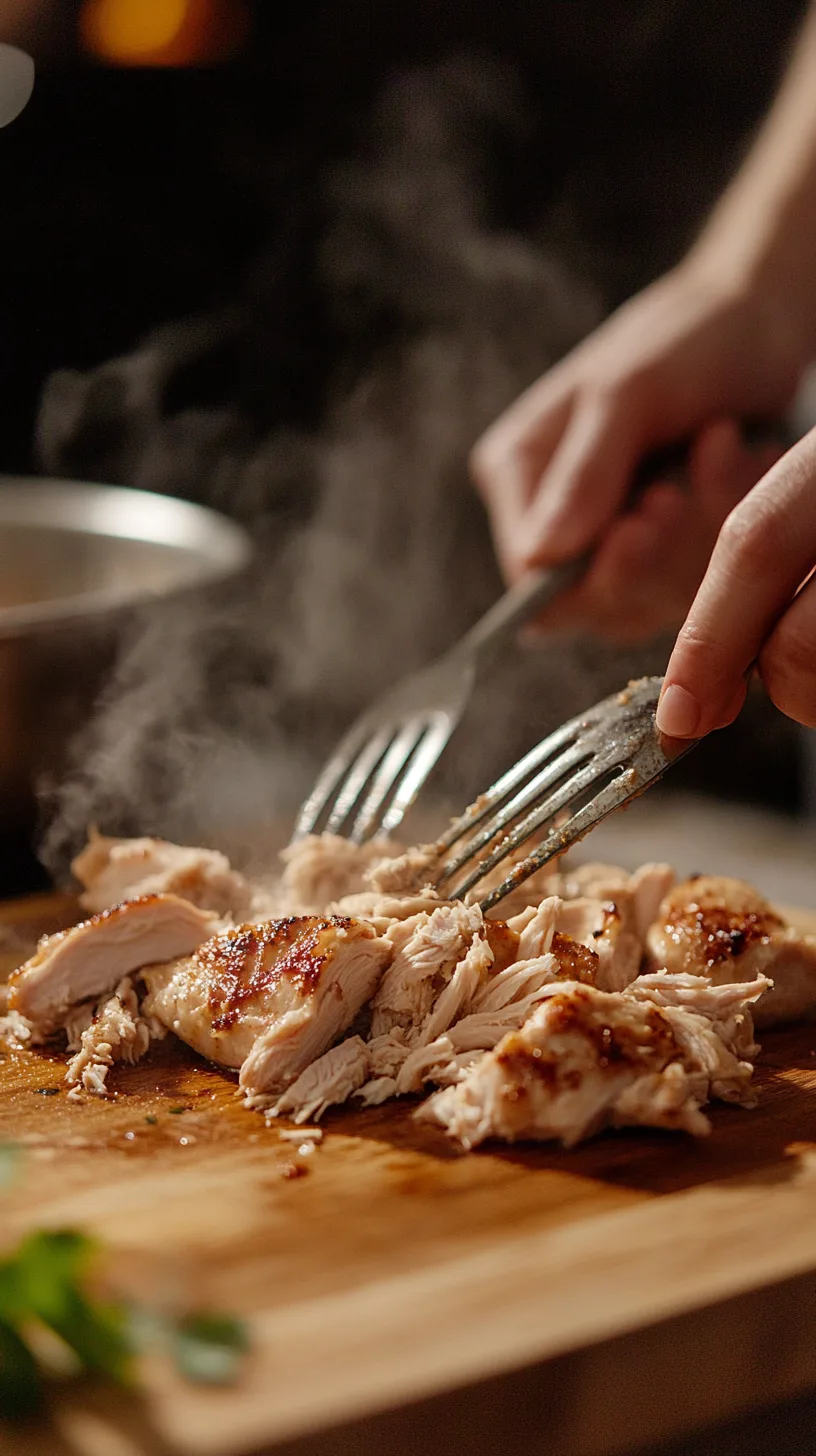 using two forks to shred cooked chicken breasts on a wooden cutting board.
