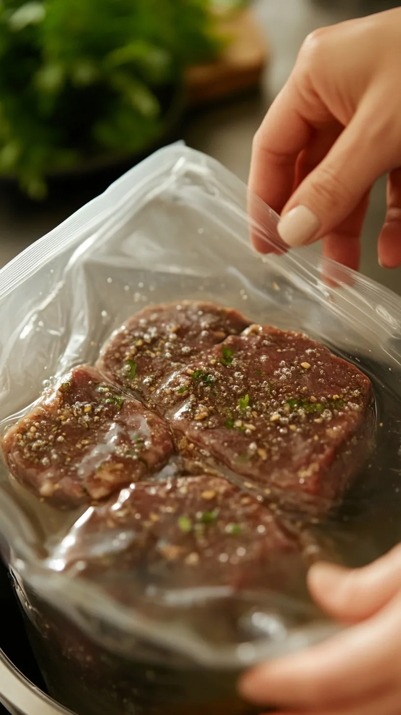 water displacement method to remove air from a zip-top bag containing a seasoned steak.
