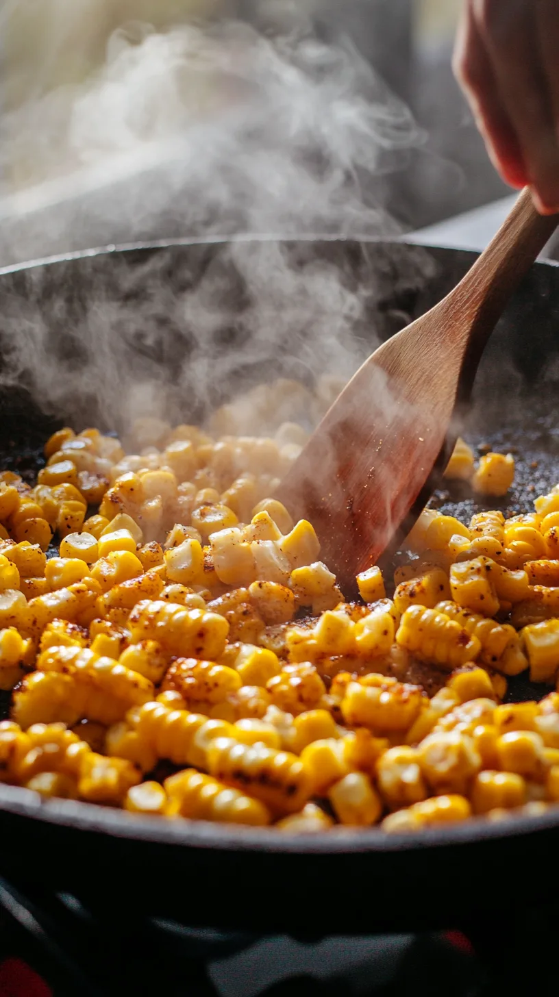 Golden corn kernels crackling on a cast-iron skillet
