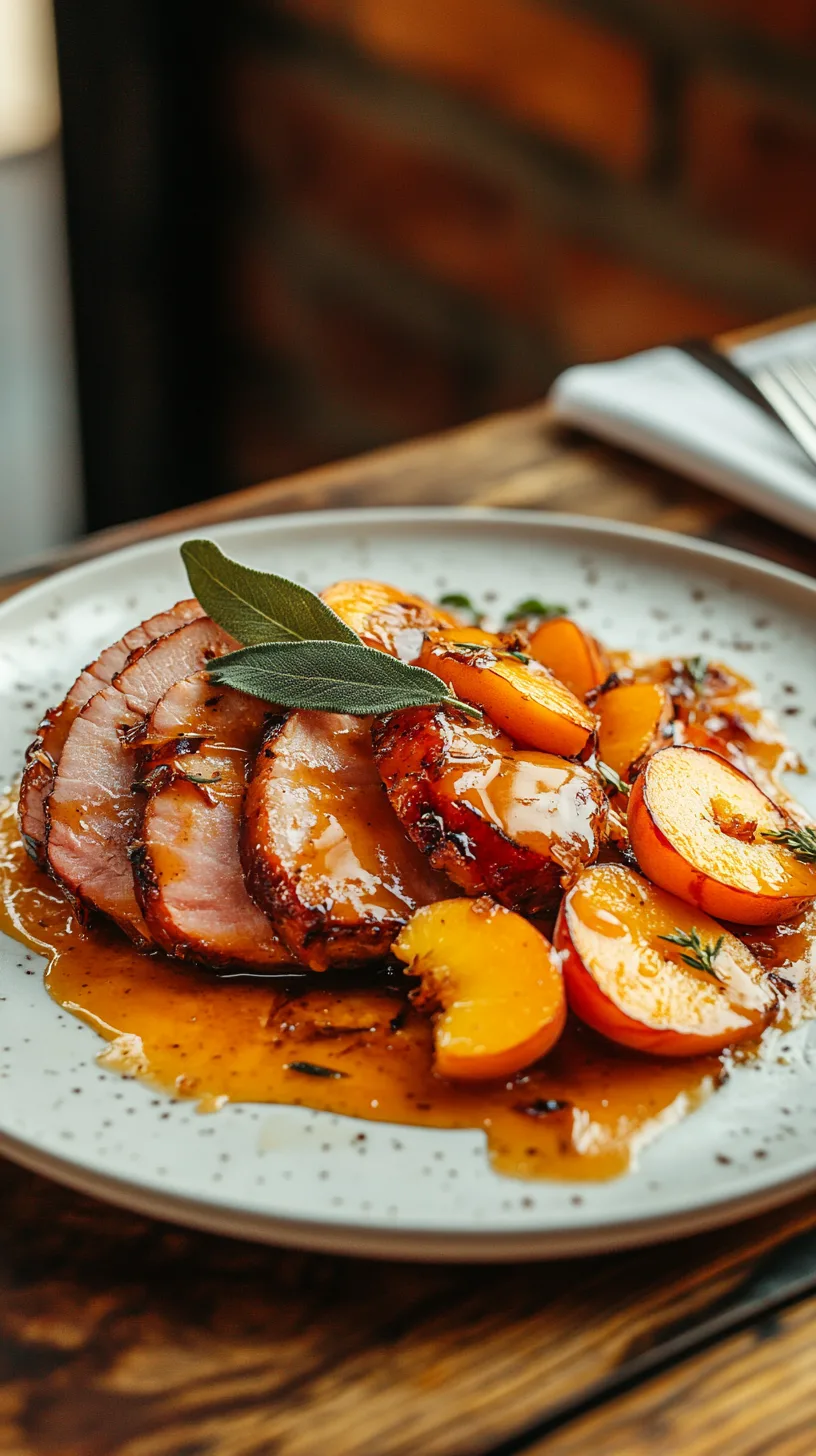 bourbon-glazed ham on a rustic white ceramic plate
