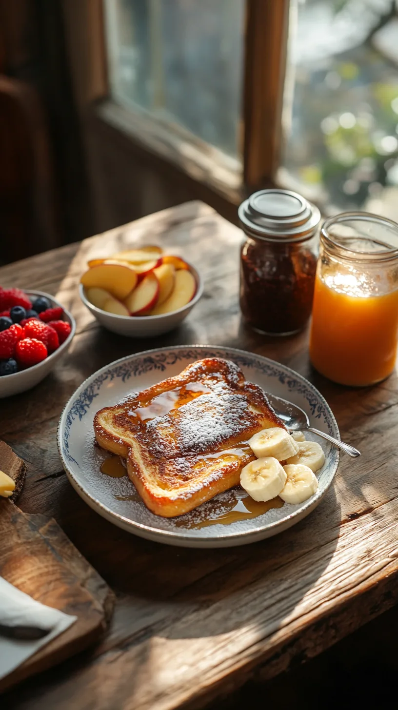 brioche French toast on a farmhouse wooden table