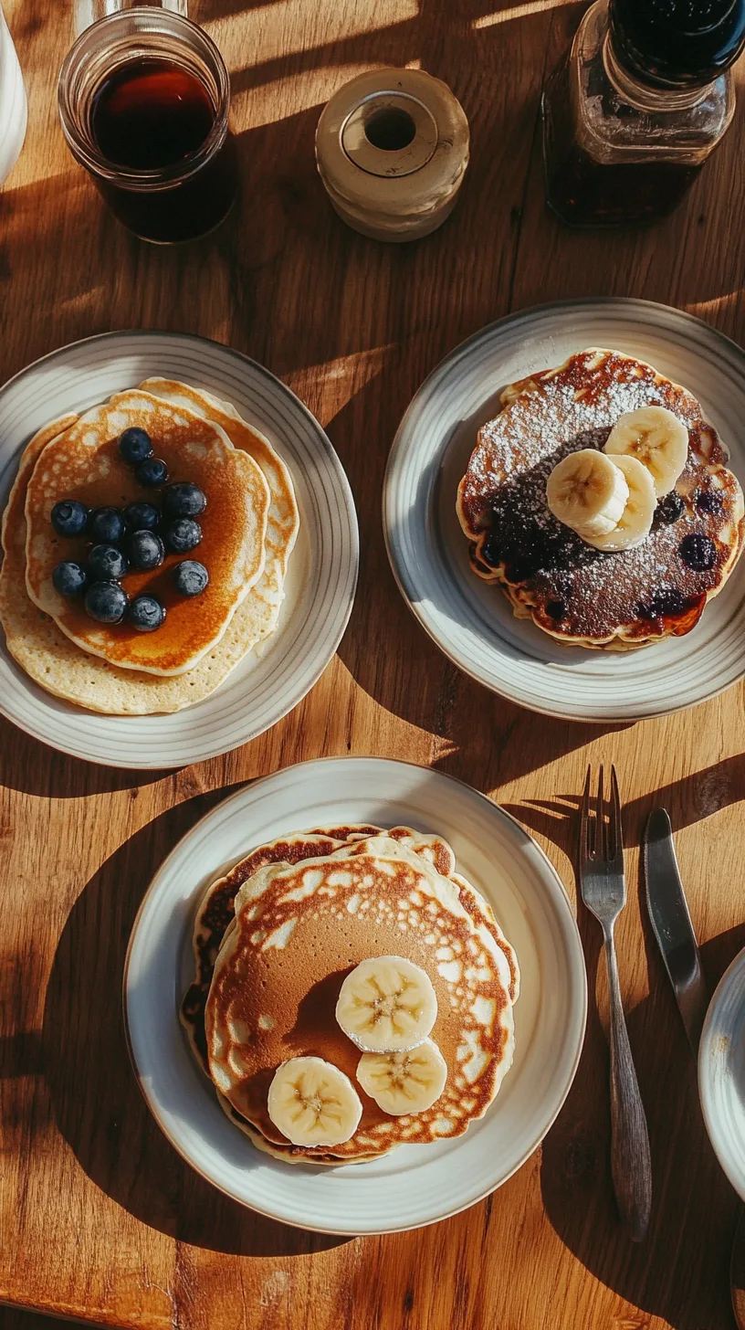 different pancakes on regular dinner plates at a family breakfast table