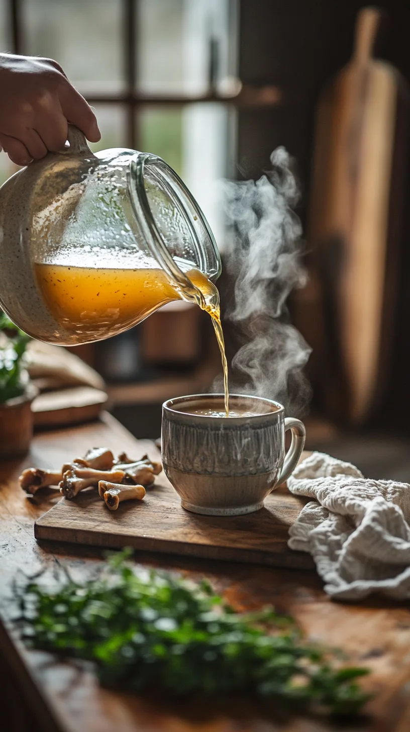pouring fresh, golden bone broth from a large glass jar into a ceramic mug