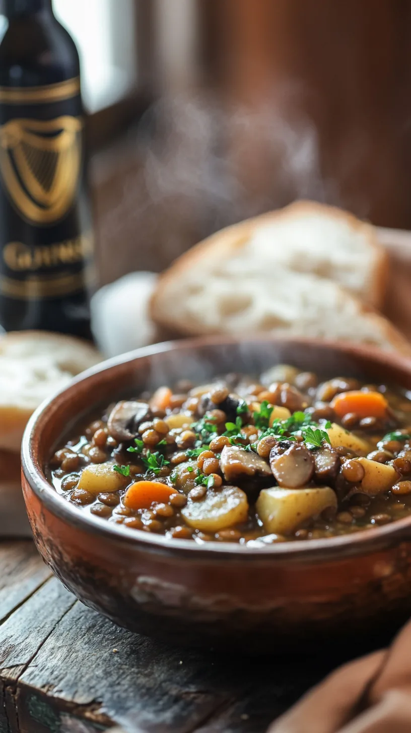 rustic earthenware bowl filled with steaming Guinness lentil stew