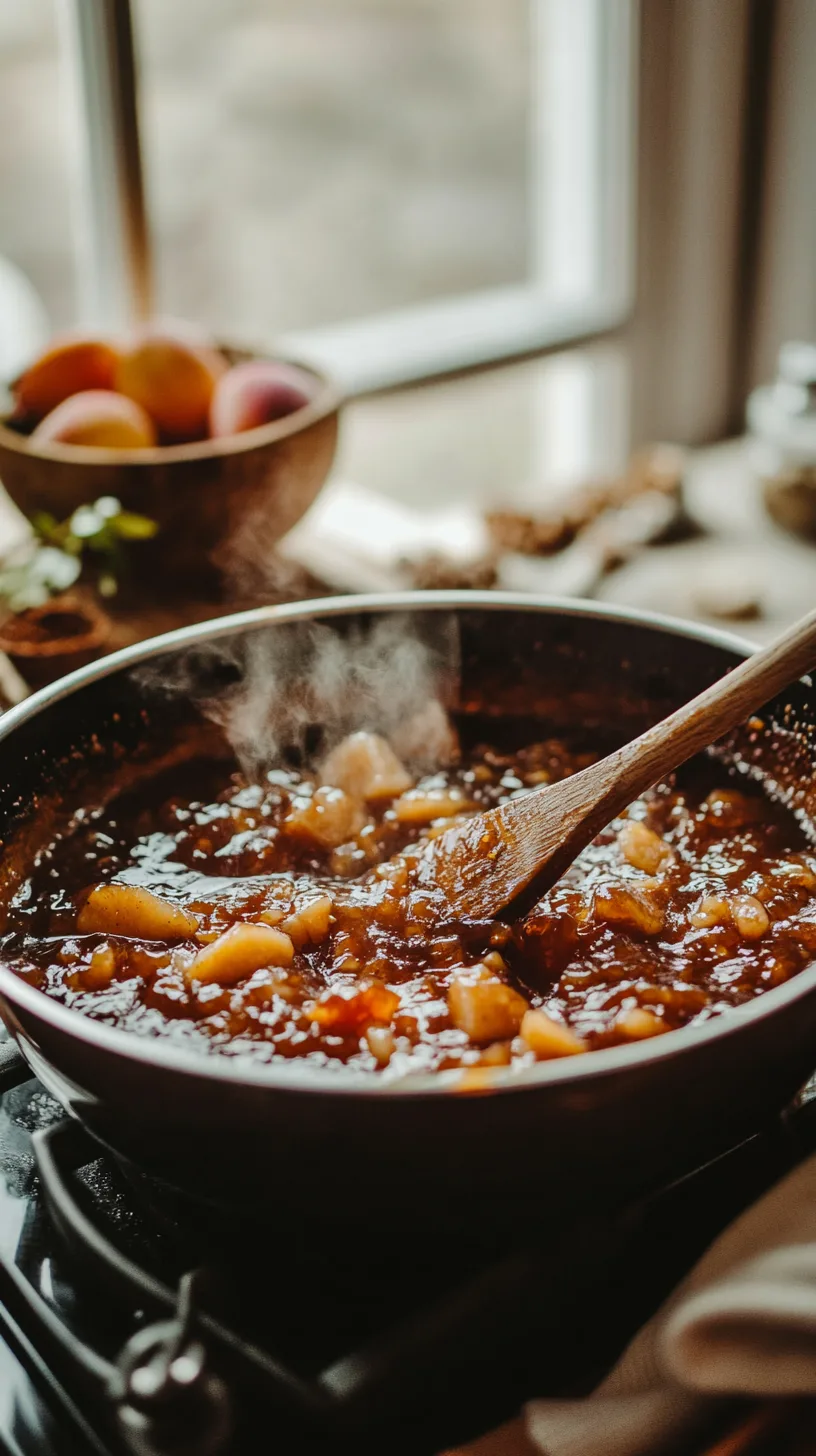 saucepan bubbling with a thick golden-brown glaze made from bourbon, brown sugar, and peach preserves