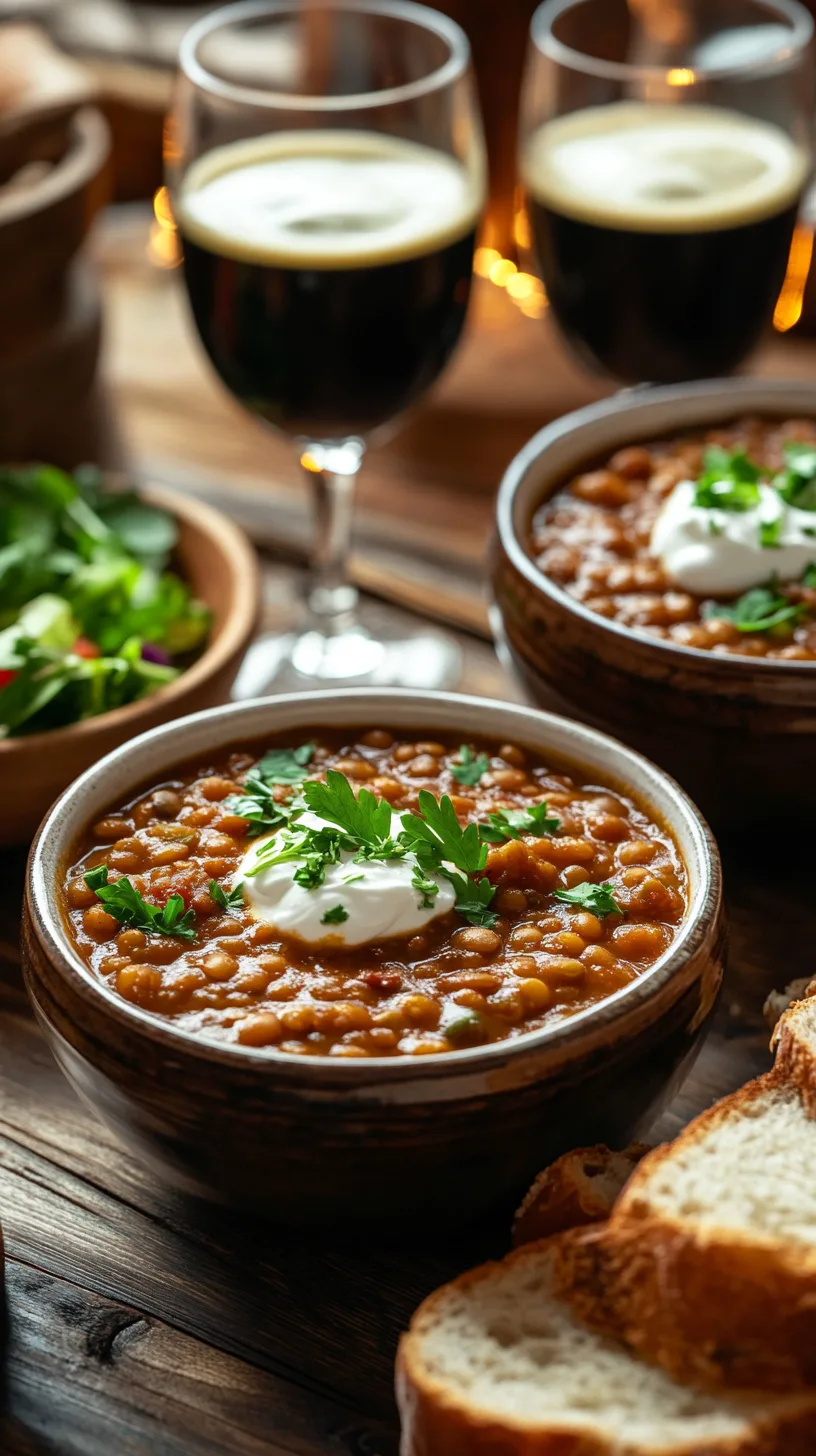 two generous bowls of Guinness lentil stew garnished with fresh parsley and a dollop of Greek yogurt
