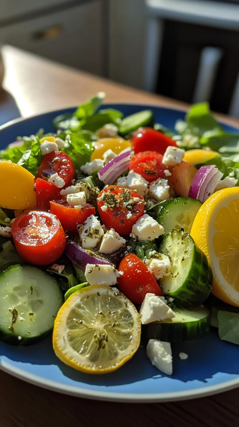 vibrant Greek salad with romaine, cherry tomatoes, cucumbers, red onion, and crumbled feta, drizzled with lemon oregano vinaigrette