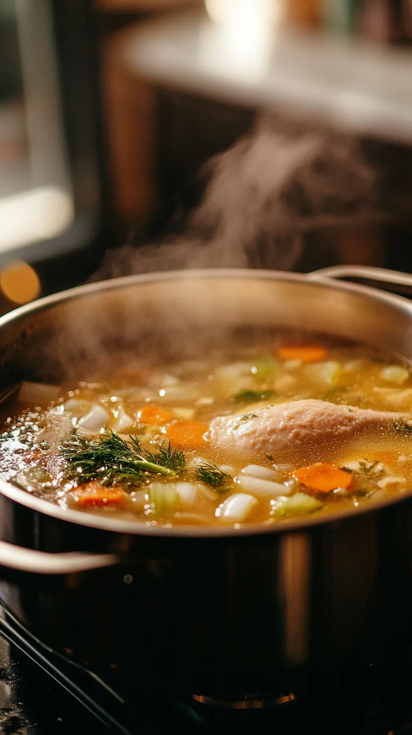 Large stockpot on stovetop with simmering chicken broth