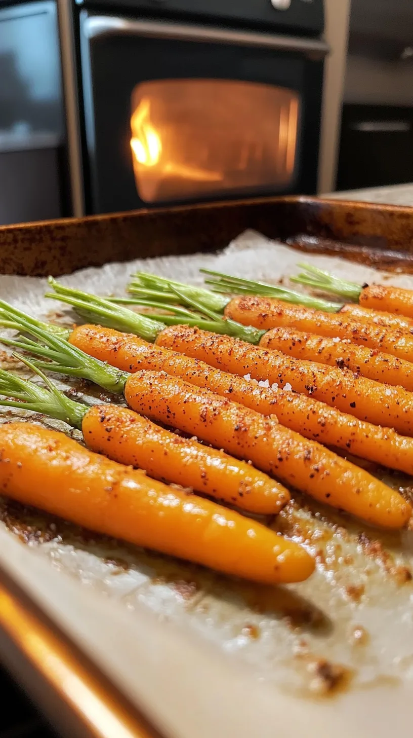 baby carrots with green tops roasting on a parchment-lined baking sheet
