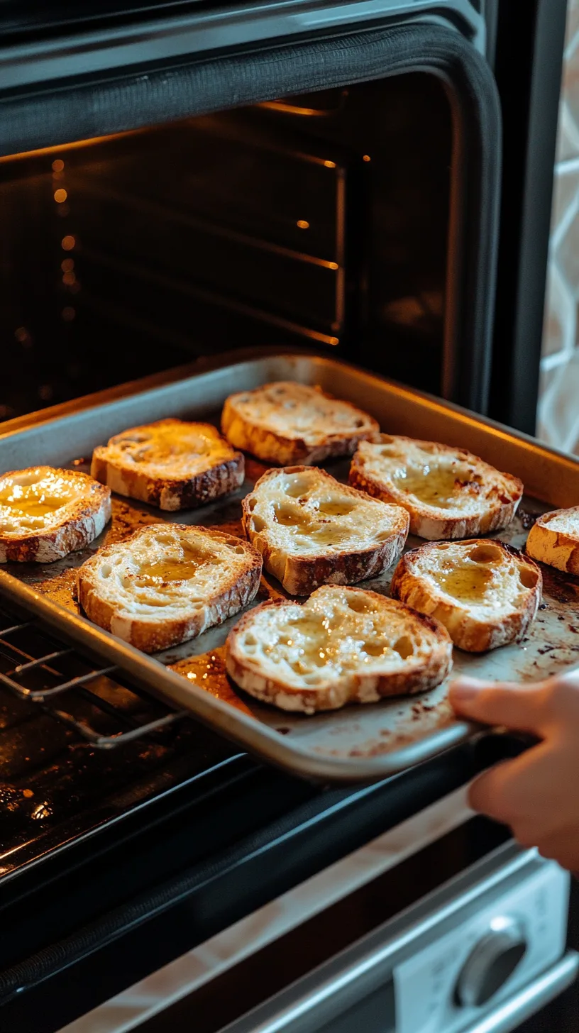 baking sheet full of olive oil-brushed sourdough slices, slightly golden edges