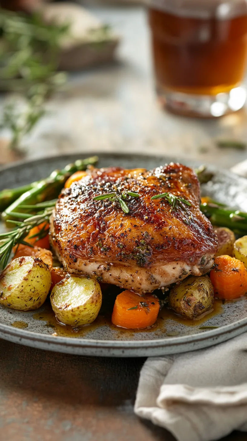 beautifully roasted herb chicken thigh on a ceramic plate