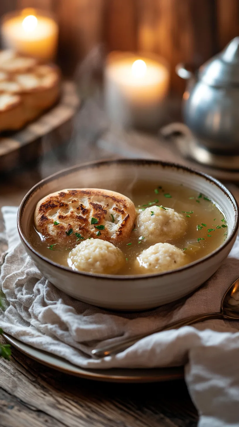 bowl of matzo ball soup served with a slice of toasted challah