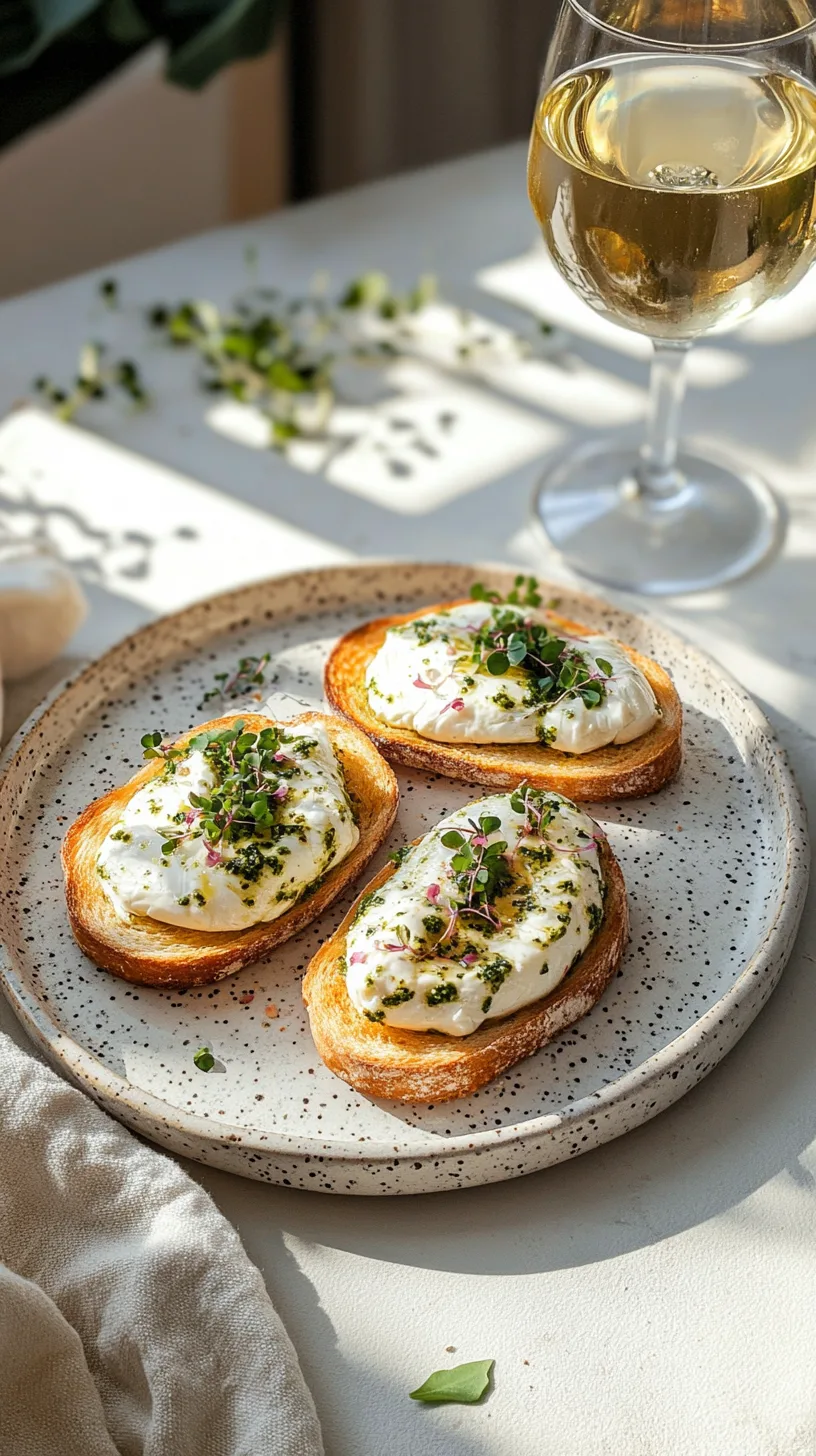 burrata toasts with mint pesto on a speckled ceramic plate