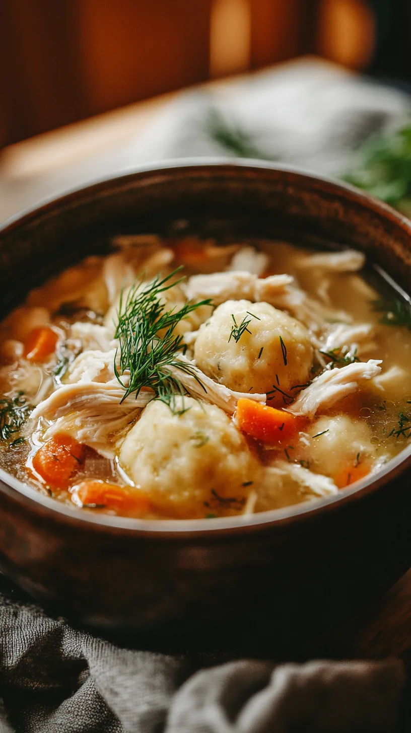 ceramic bowl filled with golden matzo ball soup
