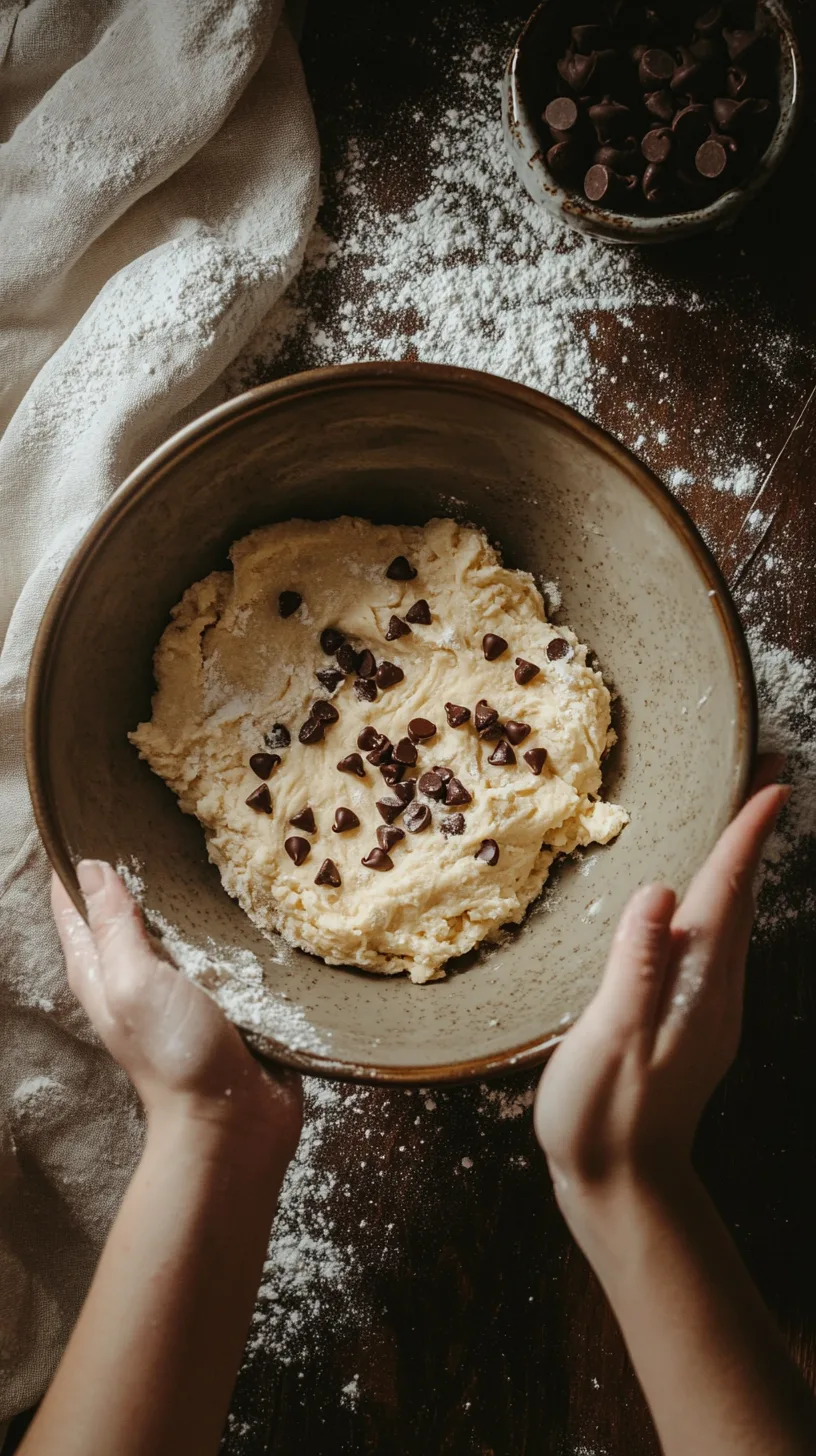 cookie dough being mixed in a ceramic bowl