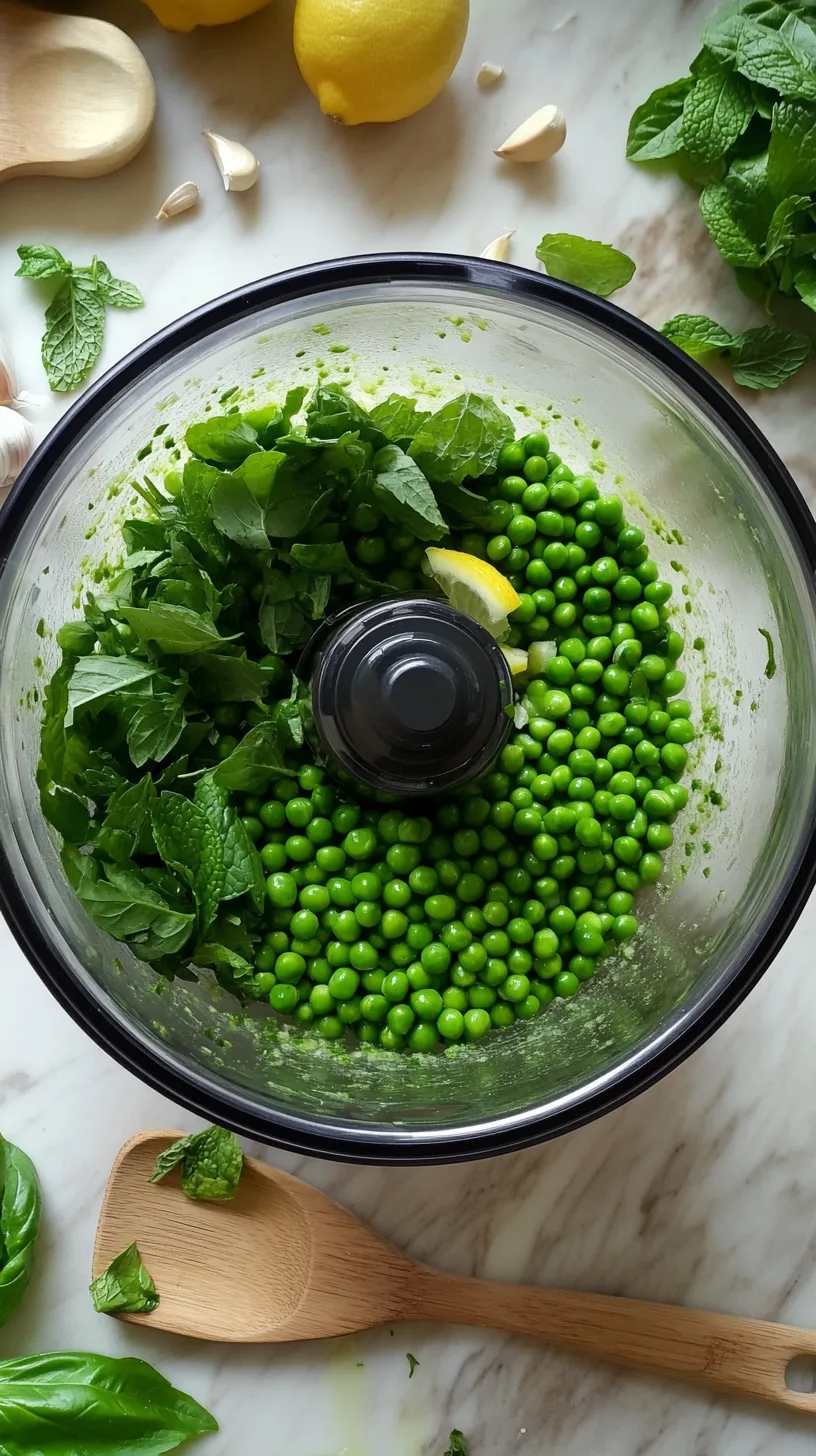 food processor bowl filled with fresh peas, mint leaves, basil, lemon zest, garlic, sunflower seeds, and olive oil