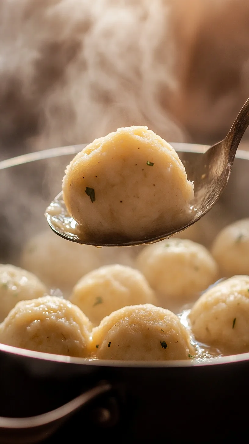 freshly cooked matzo balls being lifted from a pot with a slotted spoon