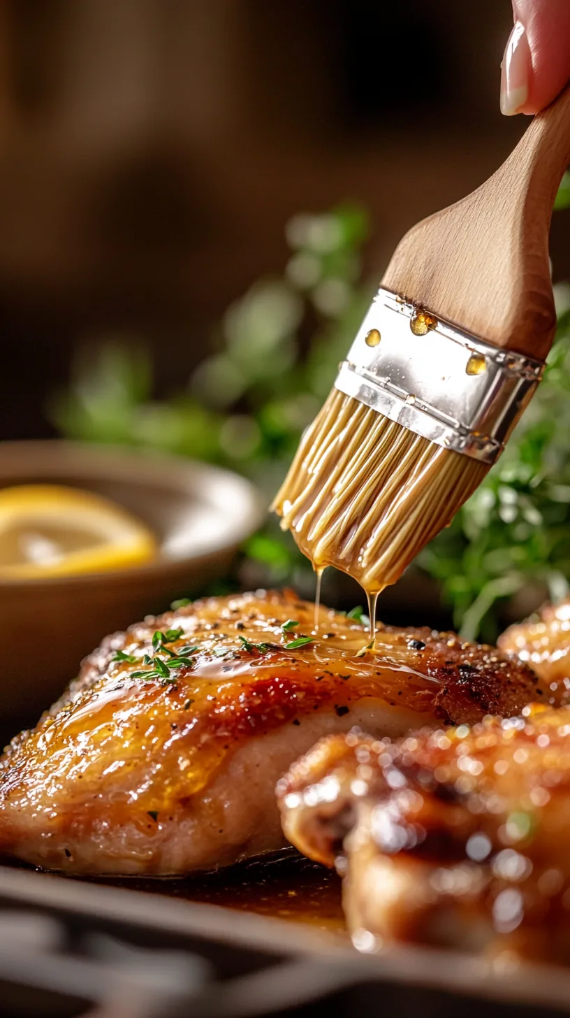 home cook brushing a glossy honey-lemon herb glaze onto crispy roasted chicken thighs