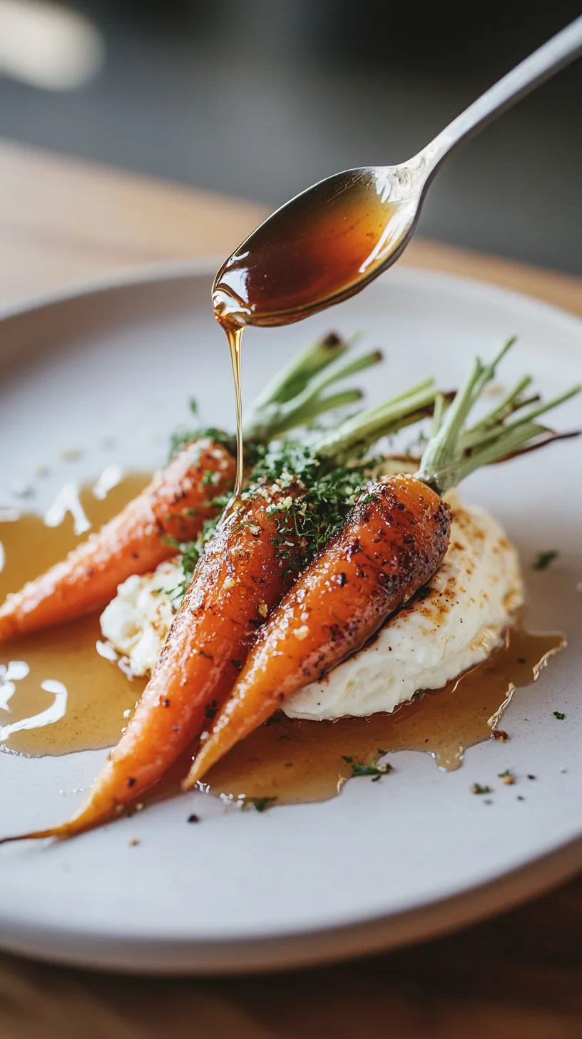 hot honey dripping from a spoon onto whole roasted baby carrots