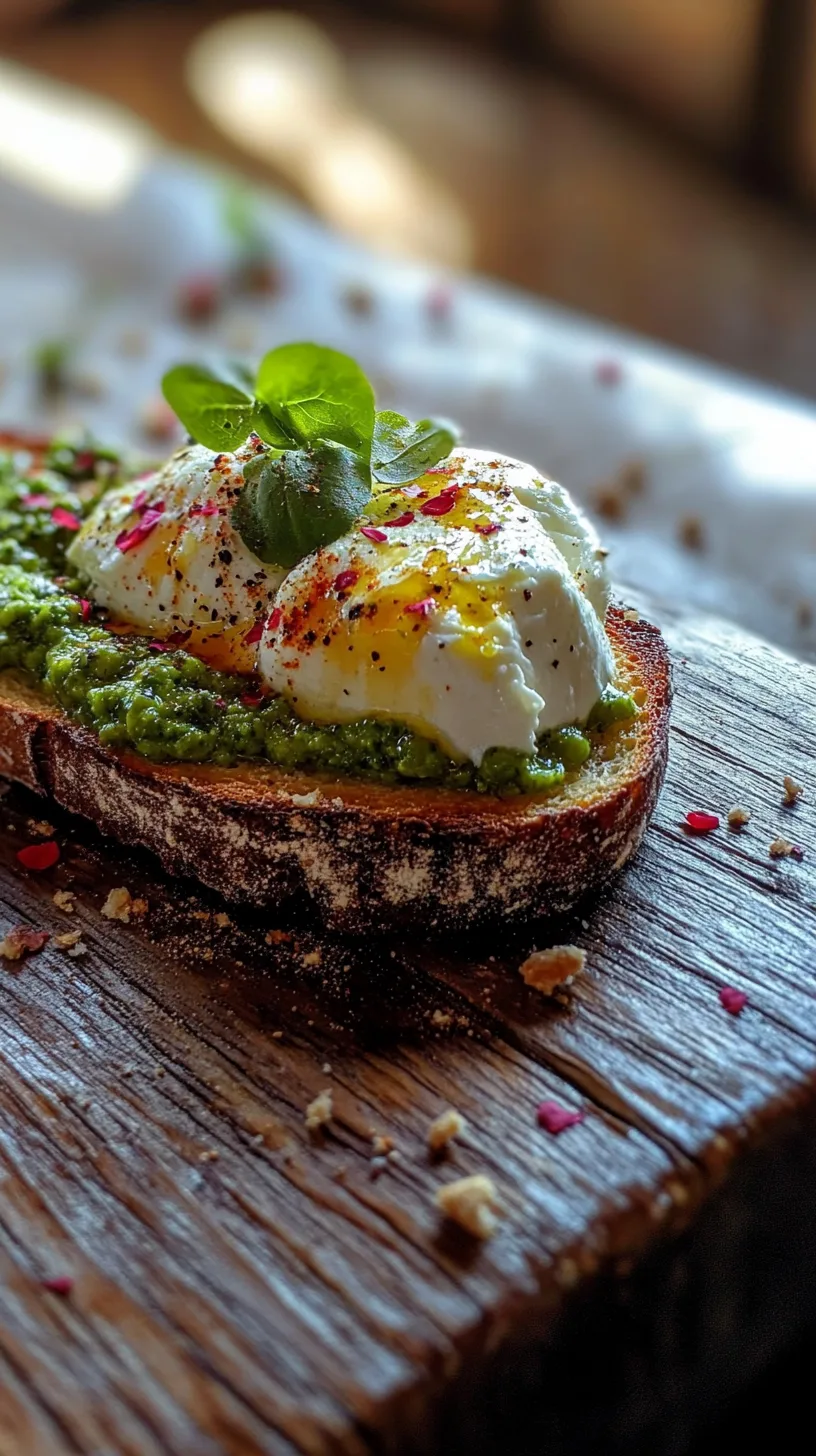 sourdough toast topped with bright green mint pea pesto, torn burrata melting into the toast, garnished with crushed pink peppercorns