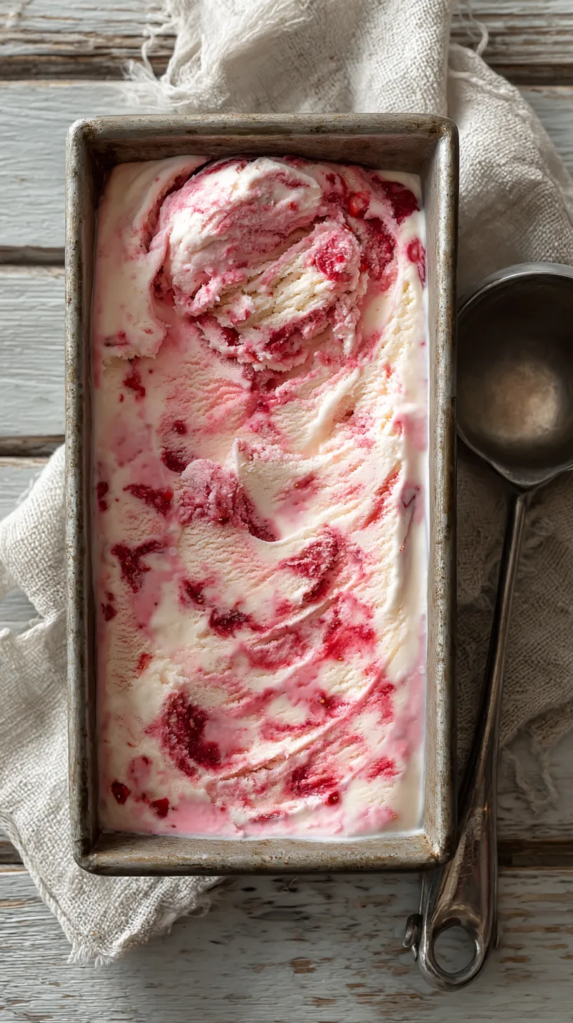 A rustic loaf pan filled with creamy no-churn roasted strawberry ice cream