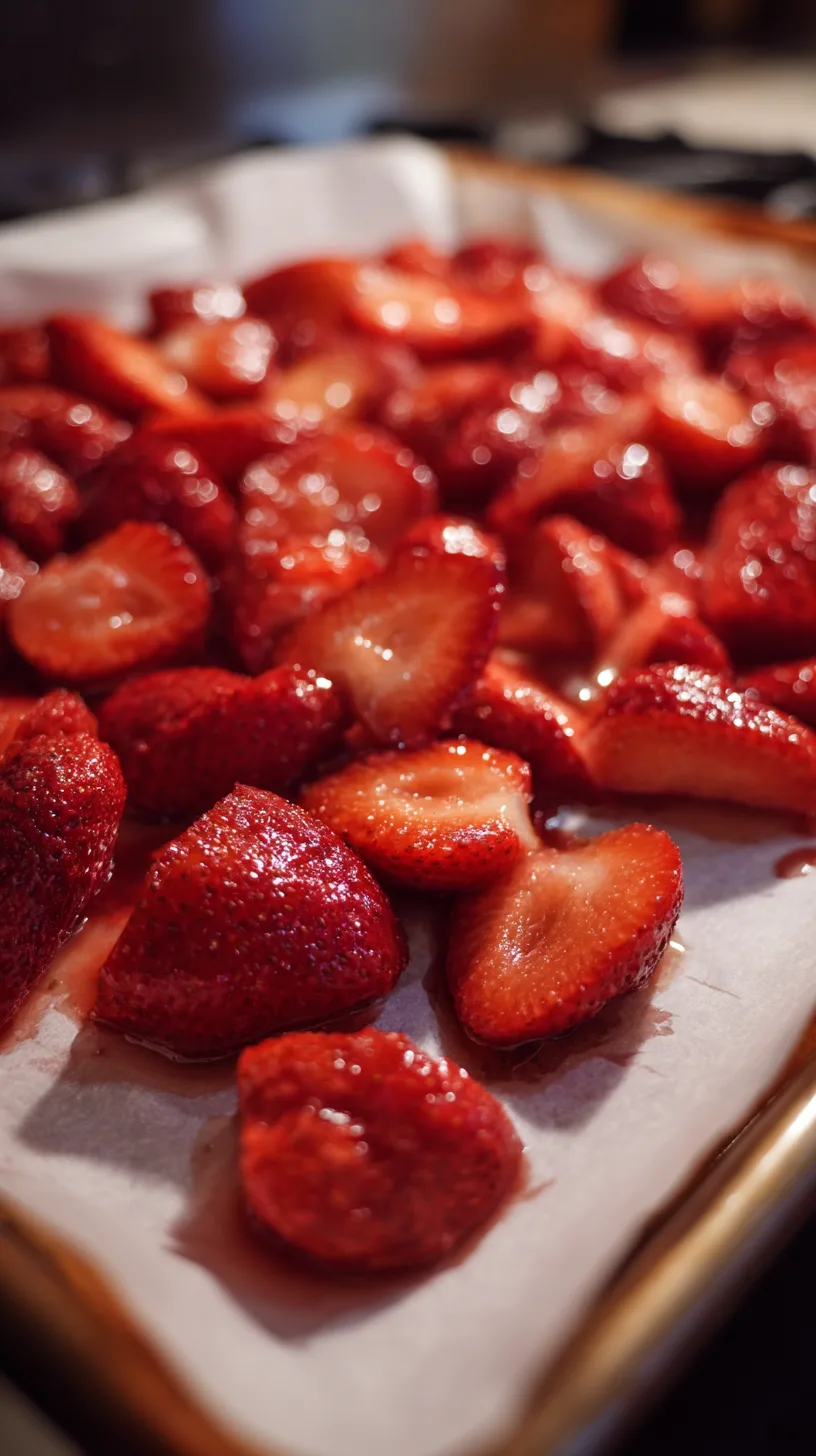 Fresh halved strawberries glistening with sugar and lemon juice, roasting in a parchment-lined baking sheet
