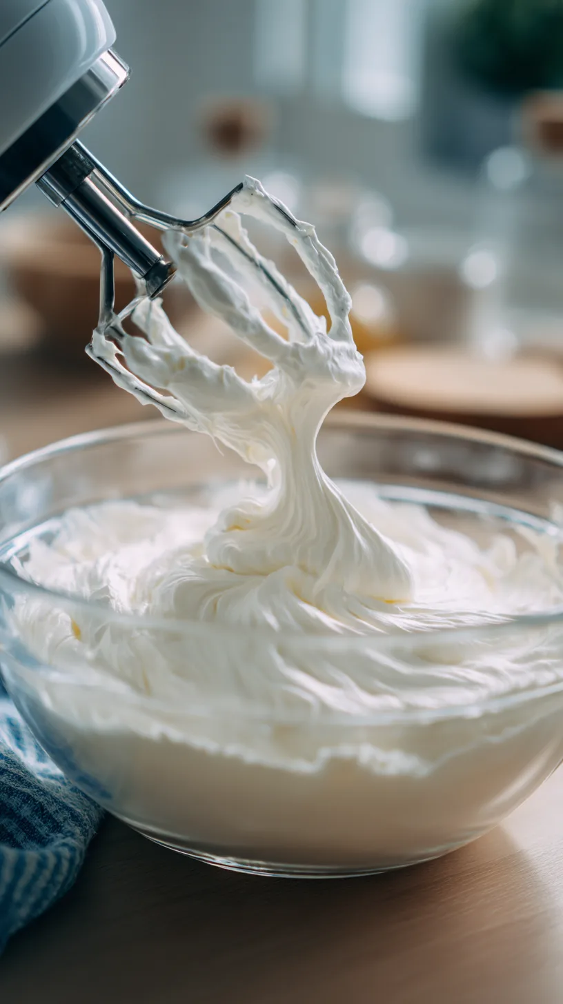 Macro shot of heavy whipping cream being whipped to stiff peaks in a glass mixing bowl