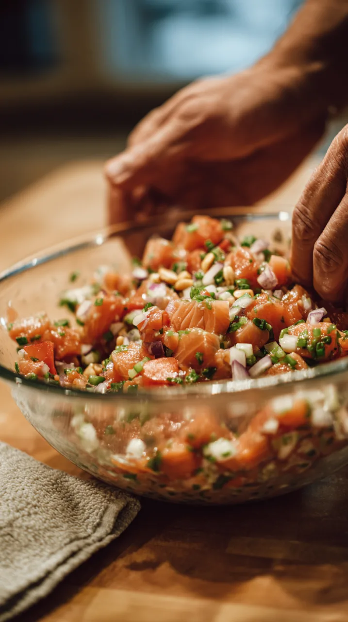 hands massaging lomi lomi salmon mixture in a large glass bowl