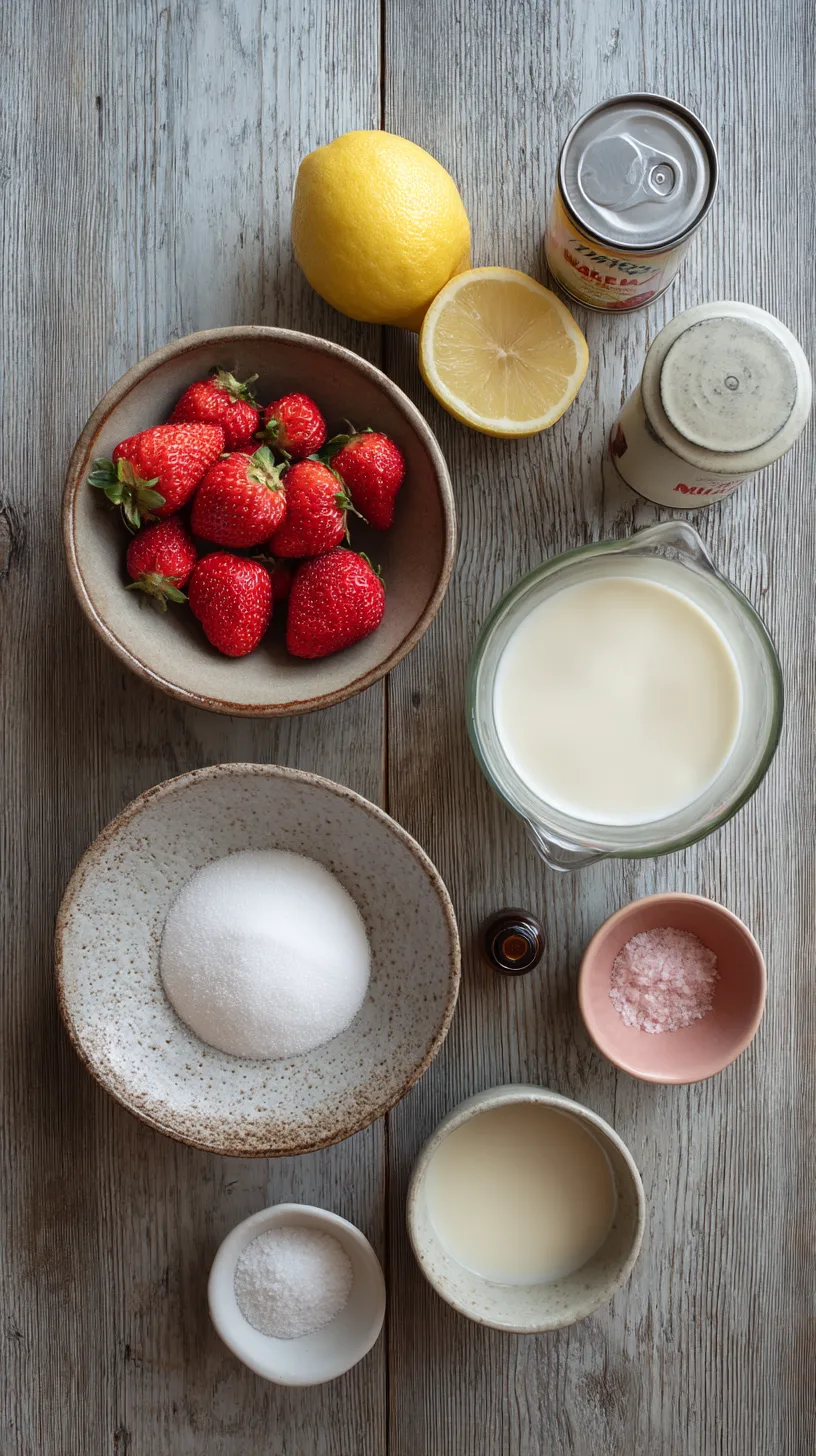 ingredients for homemade no-churn roasted strawberry ice cream