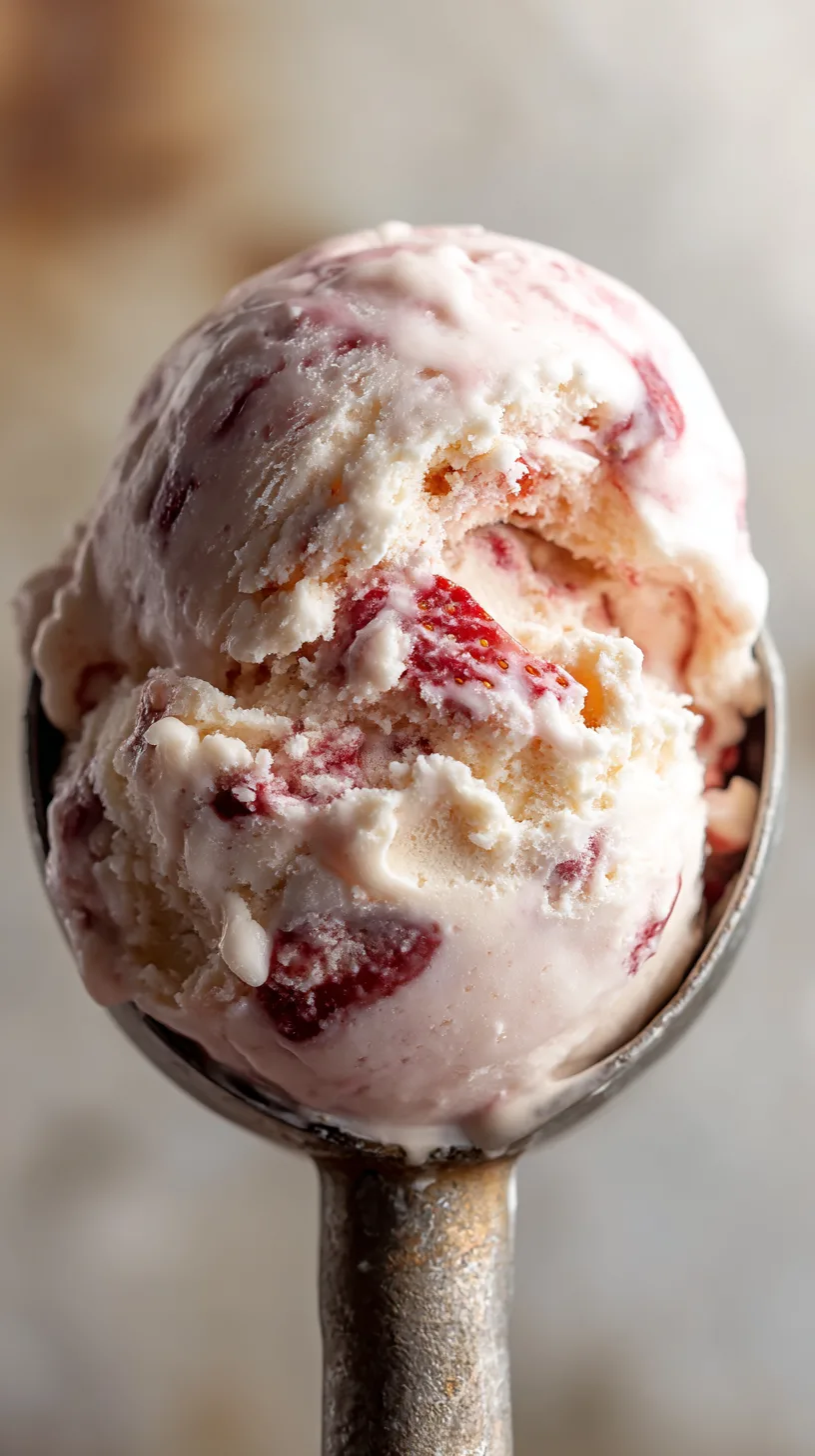 large scoop of no-churn roasted strawberry ice cream