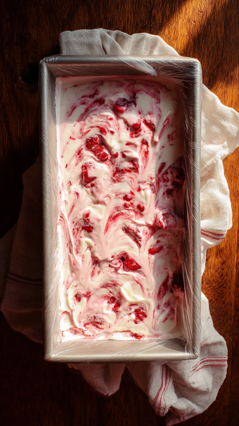 loaf pan filled with just-finished no-churn roasted strawberry ice cream