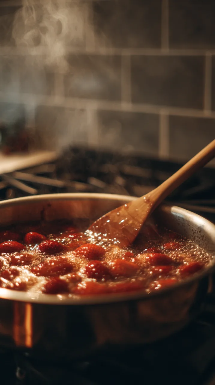 saucepan simmering strawberry balsamic reduction on the stove