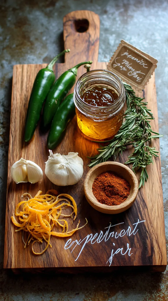 A wooden cutting board displaying hot honey ingredient variations