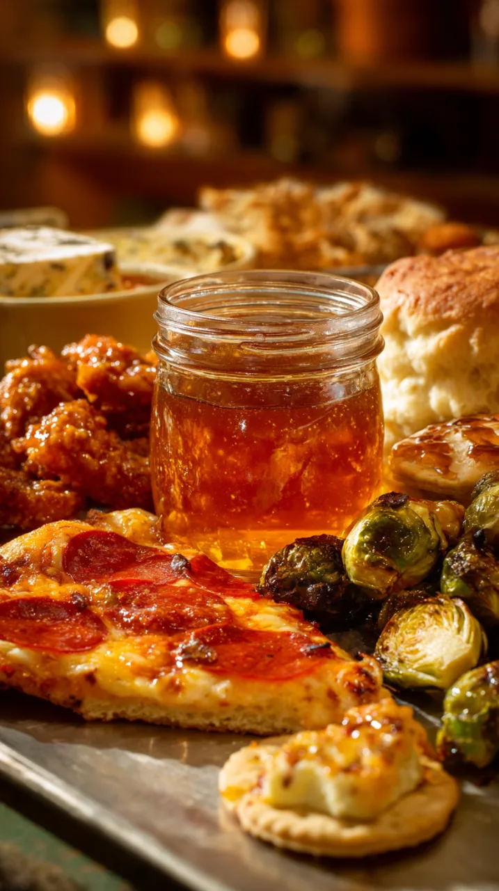 Assorted foods arranged around a central jar of hot honey