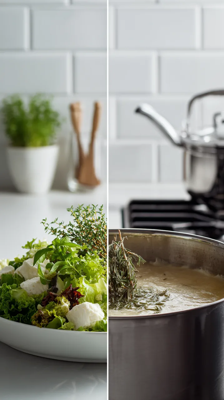 Left is a plated salad topped with chopped fresh basil and parsley. Rightis a simmering soup pot on the stove with dried thyme being stirred in.