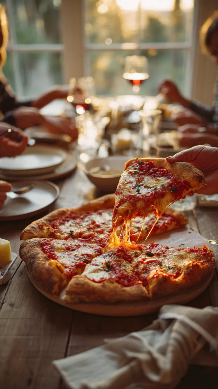 Margherita pizza sliced, one slice pulled away showing melted cheese and bright red sauce underneath