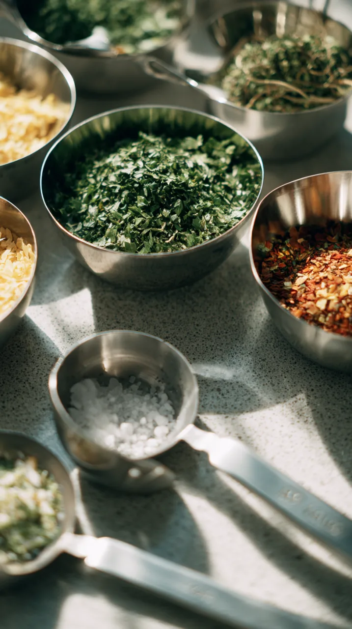 Small bowls filled with finely chopped fresh herbs, others with dried flakes.