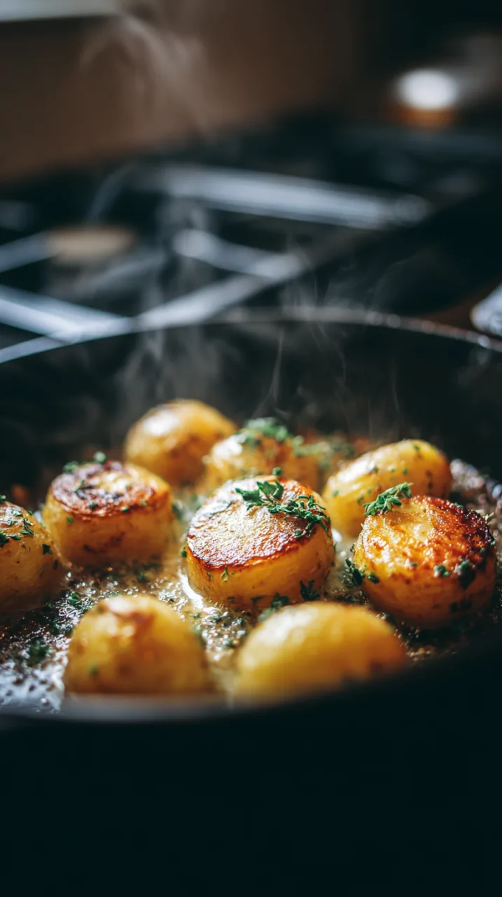 Yukon gold potatoes sizzling cut side down in a hot cast iron skillet