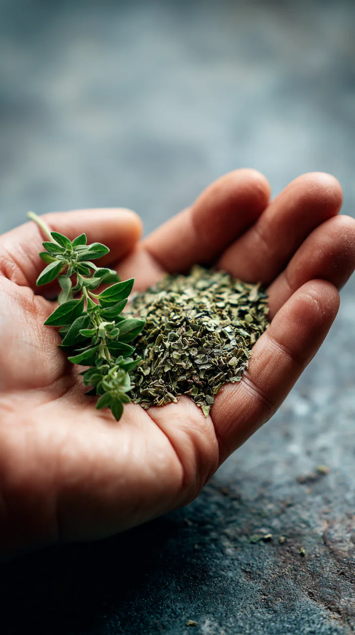 cook’s hand holding a pinch of fresh oregano leaves in one palm and a pinch of dried oregano flakes