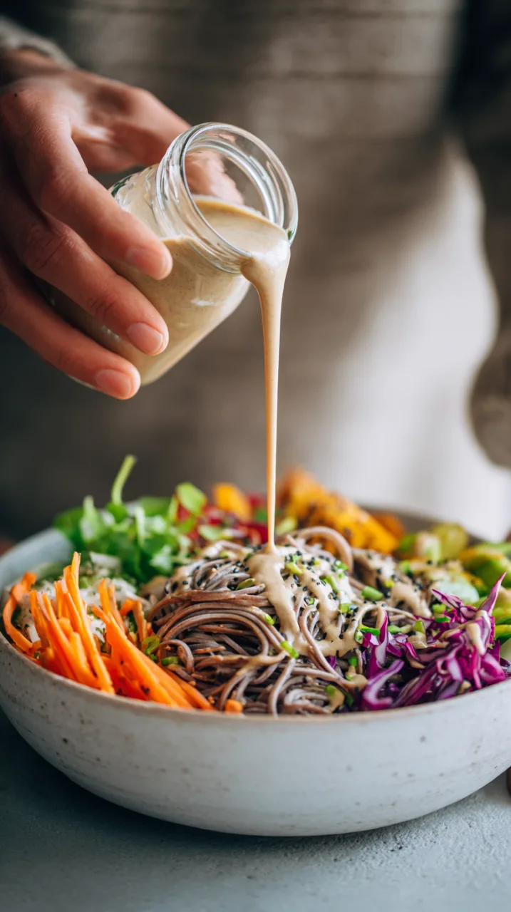 creamy ginger-lime tahini dressing being poured slowly over a cold soba noodle bowl