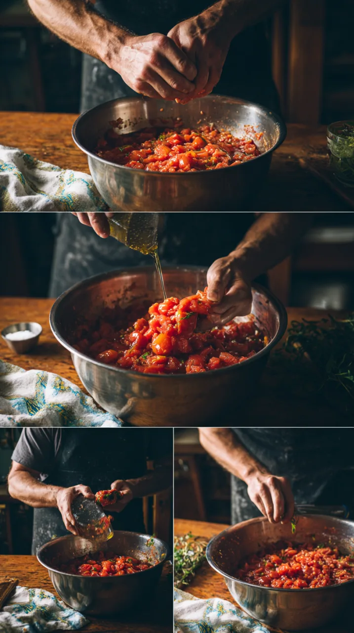 crushing whole San Marzano tomatoes by hand