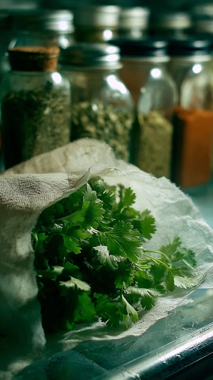 fresh cilantro wrapped in damp paper towel
